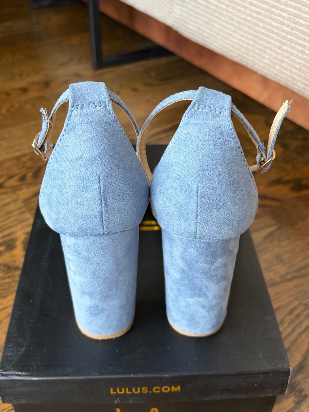 Lulu's Light Blue Suede Block Heel Sandals with Ankle Strap - Picture 6 of 7